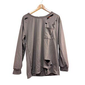 BiBi Long Sleeve Distressed Brown Top With Pocket